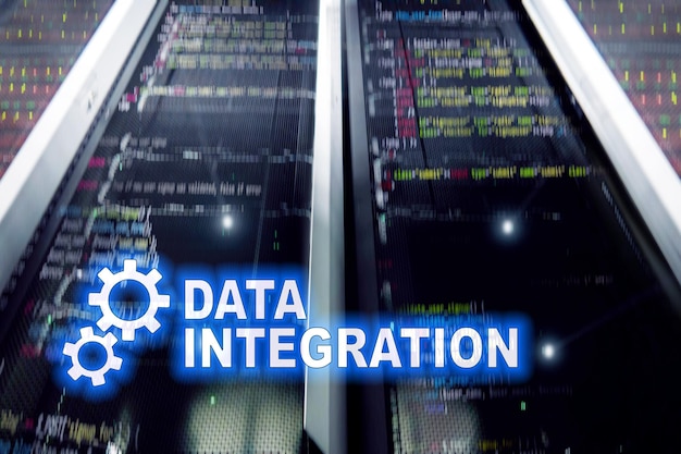 Data integration information technology concept on server room background