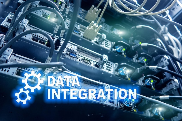 Data integration information technology concept on server room background