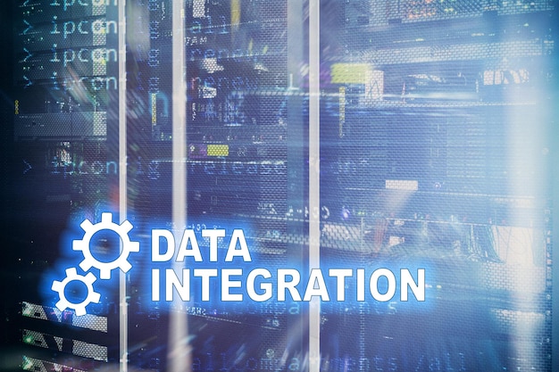 Photo data integration information technology concept on server room background