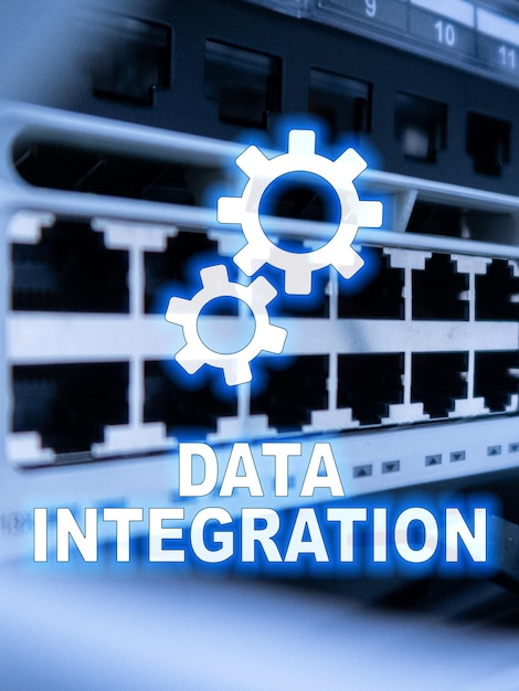 Data integration information technology concept on server room background