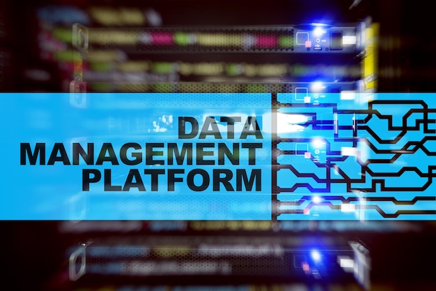 Photo data management and analysis platform concept on server room background