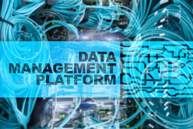 Data management and analysis platform concept on server room background