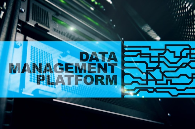 Photo data management and analysis platform concept on server room background