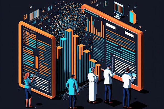 Data mining project with team of data scientists analyzing huge amounts of information created with generative ai