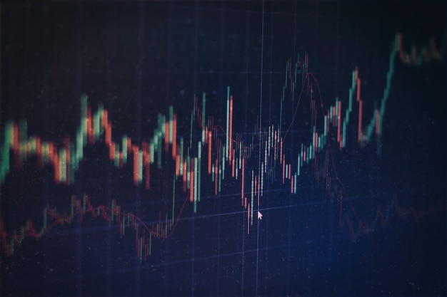 Market Analyze를 포함한 모니터의 데이터. 막대 그래프, 다이어그램, 재무 수치. 외환 차트.