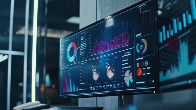 Data monitoring screens illuminating a dimly lit control room