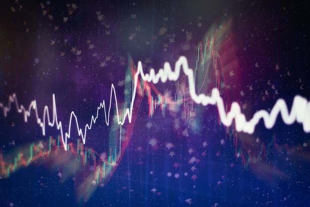 Market Analyze를 포함한 모니터의 데이터. 막대 그래프, 다이어그램, 재무 수치. 외환 차트.