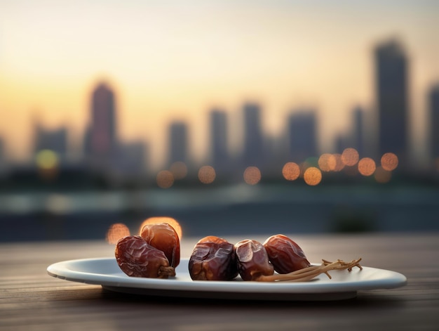 data op tafel skyline van de stad op de achtergrond Ramadan ontwerp banner 3d illustratie