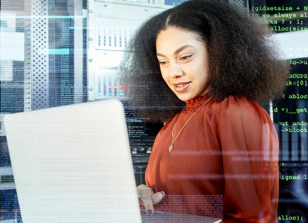 Data overlay black woman with laptop in server room and future of digital software in cloud computing career Computer coding language working with machine learning technology and analytics growth