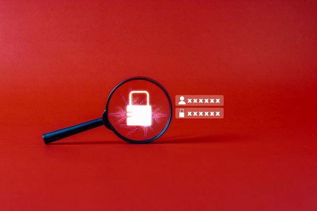 Concetto di privacy dei dati lente d'ingrandimento blocco con rottura della lente d'ingrandimento informazioni utente mediante scansione su sfondo rosso