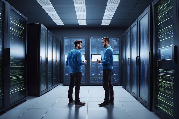 data processing digital technology internet network concept computer programmer working on big data and computer code with data center