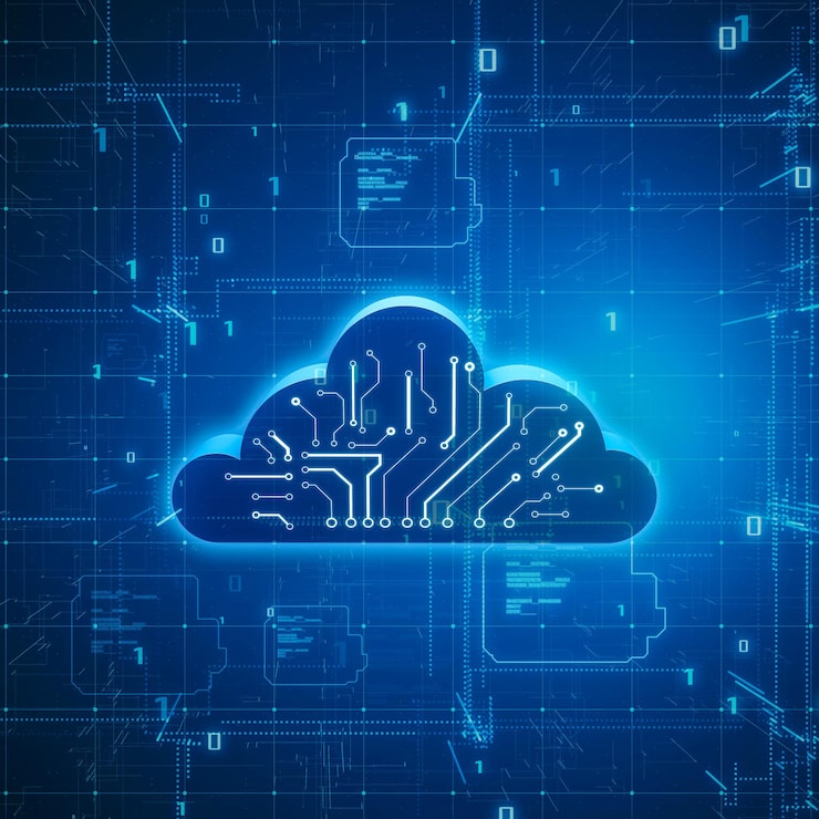 Photo 어두운 파란색 추상 매트릭스 기술 배경 3d 렌더링에 회로 구성표가 있는 디지털 클라우드 기호로 데이터 처리 기술 데이터 저장 및 컴퓨팅 개념