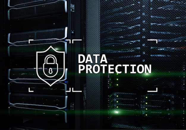 Data protection Cyber security information privacy Internet and technology concept Server room background