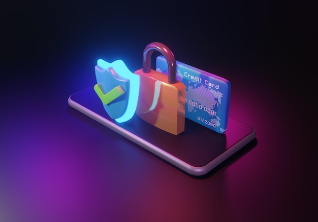 Foto protezione dei dati e concetto di assicurazione. protezione di sicurezza della carta di credito, carta di credito con scudo e segno di spunta, illustrazione 3d