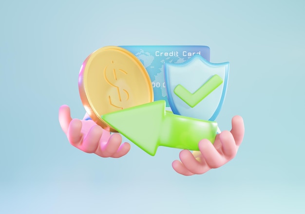 Data protection and insurance concept. Credit card security protection, credit card with shield and check mark, 3d illustration