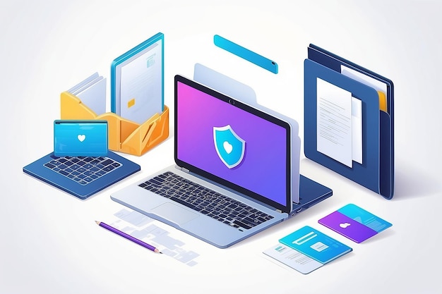 Photo data protection isometric concept with folder and laptop on white background vector illustration