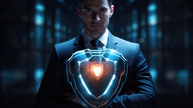 Data protection and network security concept Glowing light Shield on business man hand for internet fire wall protect Created with Generative AI technology