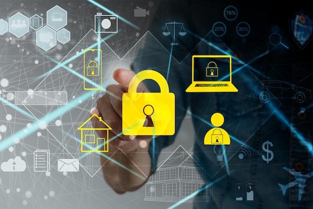 Photo data protection privacy concept gdpr eu cyber security network business man protecting data personal information on tablet padlock icon and internet technology networking connection on digital