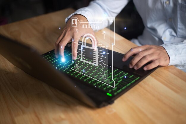 Data protection privacy concept GDPR EU Cyber security network Business man protecting data personal information on tablet Padlock icon and internet technology networking connection on digital