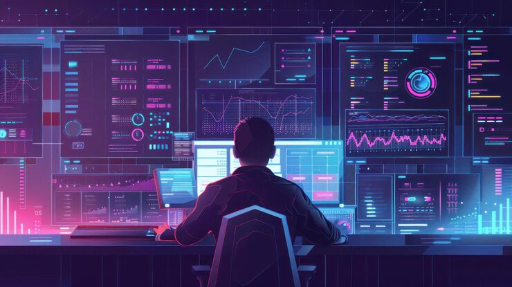 Photo data science and big data technology engineer computing analysing and visualizing complex data stream on computer data mining artificial intelligence machine learning business analytics