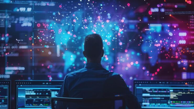 Photo data science and big data technology engineer computing analysing and visualizing complex data stream on computer data mining artificial intelligence machine learning business analytics