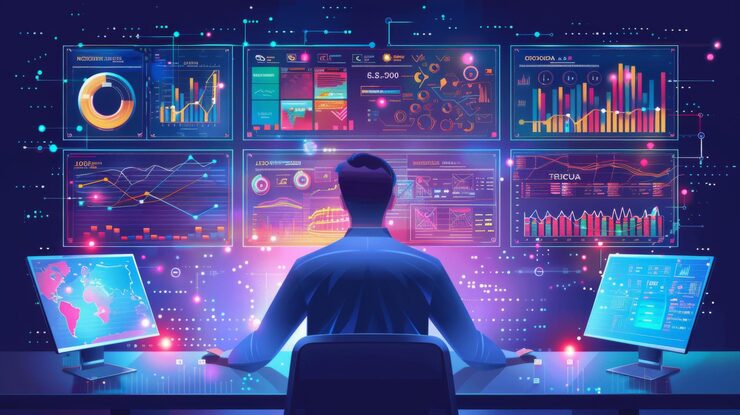 Photo data science and big data technology scientist computing analysing and visualizing complex data set on computer data mining artificial intelligence machine learning business analytics