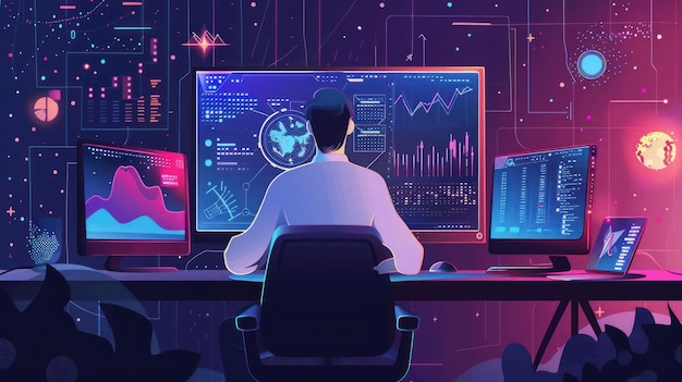 data science and big data technology scientist computing analysing and visualizing complex data set on computer data mining artificial intelligence machine learning business analytics