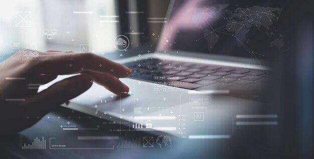 Наука данных Бизнес и искусственный интеллект ИИ Концепция цифровых технологий Инженер данных, работающий на ноутбуке и больших данных Глобальная интернет-сеть Бизнес-анализ Облачные вычисления