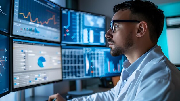 컴퓨터에서 복잡한 데이터를 분석하는 데이터 과학자 일반적인 배경 데이터 과학자 복잡한 데이터