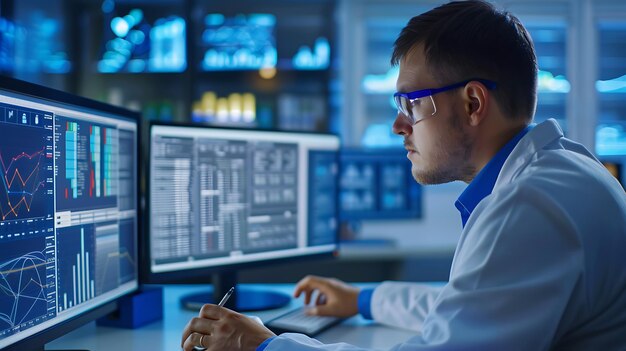 data scientist analyzing complex data on computer plain background data scientist complex data