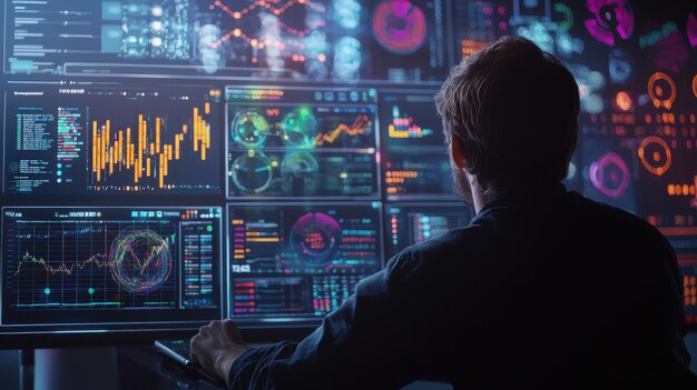 a data scientist analyzing a large set of data on a digital interface the screen displaying colorful graphs charts and algorithms the individual deep in concentration representing the power of