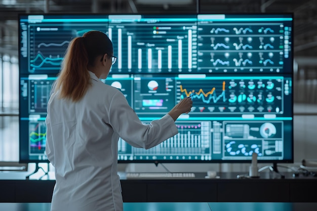 Data scientist in front of a large virtual screen analyzing complex information