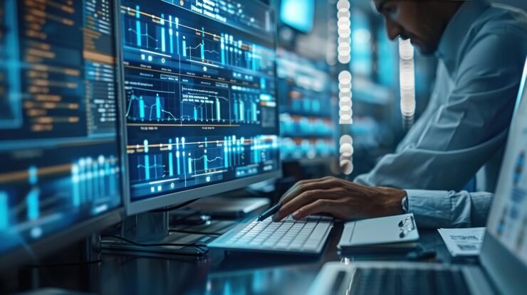 Photo data scientist or it specialist working on computer with multiple monitors showing charts and code concept of big data cybersecurity programming and software development