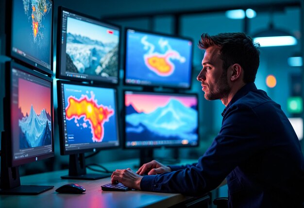 data scientist working late night analyzing data on multiple monitors climate change global warming digitalization technology programming software developer big data artificial intelligence machine