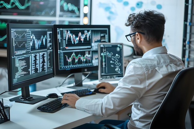 data scientists use multiple monitors to analyze data and make decisions concept data analysis decision making multiple monitors data scientists visual data