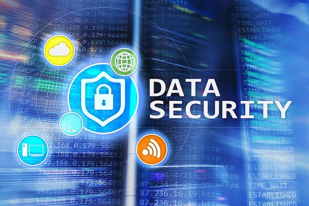 데이터 보안 사이버 범죄 예방 디지털 정보 보호 잠금 아이콘 및 서버 룸 배경
