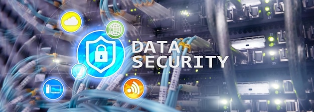 Data security cyber crime prevention Digital information protection Lock icons and server room background