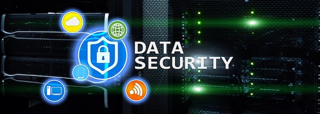 data security cyber crime prevention digital information protection lock icons and server room background