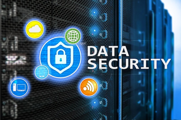 Data security cyber crime prevention Digital information protection Lock icons and server room background