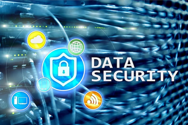 Data security cyber crime prevention Digital information protection Lock icons and server room background