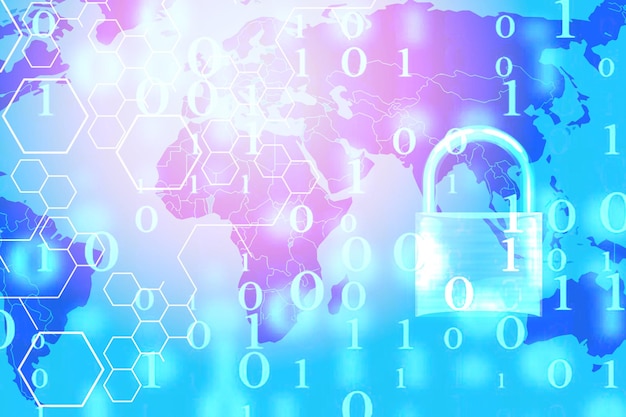 数据安全系统计算机与锁定挂锁在数字号码和世界地图保护犯罪由匿名黑客互联网和数据网络技术背景网络安全概念