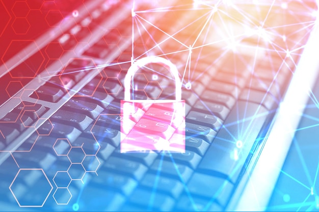 data security systems computer with locked padlock on keyboard for protect crime by an anonymous hacker internet and data network technology background cyber security