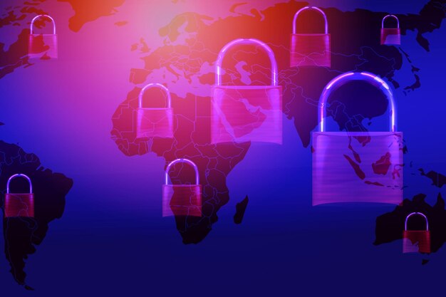 Data security systems computer with locked padlock on world map for protect crime by an anonymous hacker internet and data network technology background cyber security