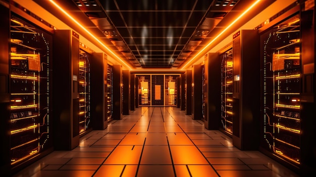 комната стойки сервера данных с компьютерным центром больших данных оранжевый интерьер для оборудования