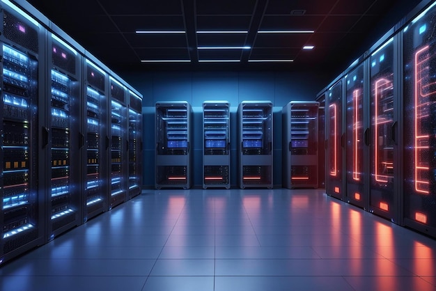 Data server racks hub room with big data computer center blue interior for hosting storage hardware