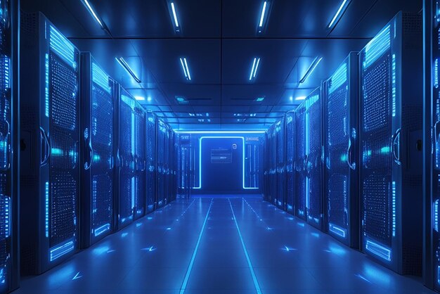 Data server racks hub room with big data computer center blue interior for hosting storage hardware