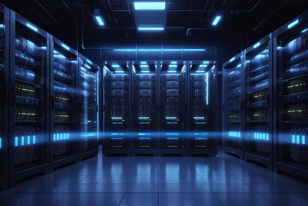 Foto data server rack hub room con big data computer center interno blu per l'hosting di hardware di archiviazione