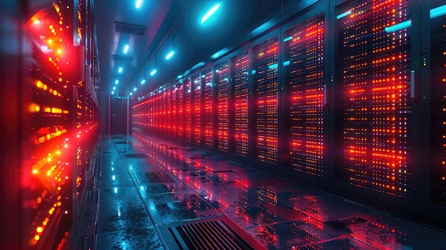 Data servers glowing in a dark room technology infrastructure concept