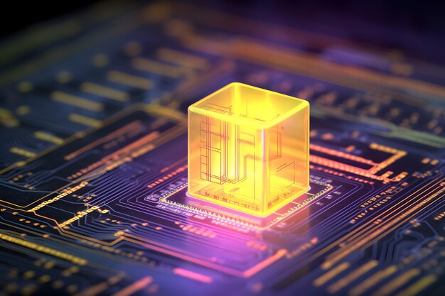 Photo data storage cube in the center of neon electrical pathways quantum computing database cloud computing concept