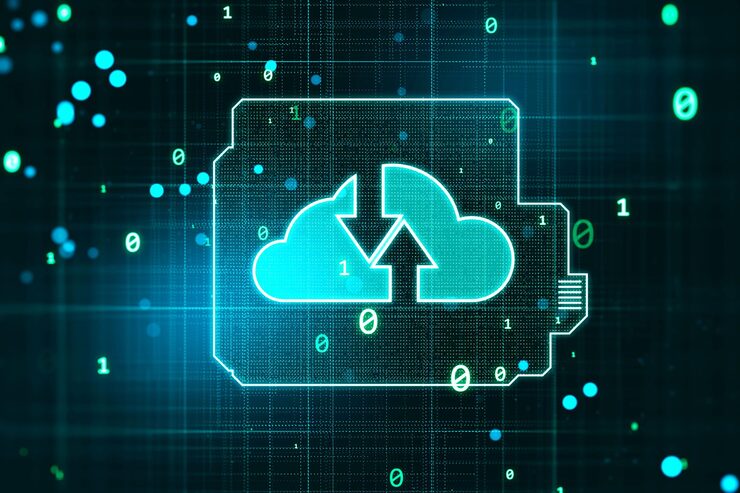 Photo data storage and information exchange concept with computer processor and oppositely directed arrows in cloud symbol on dark technological background with binary code numbers 3d rendering